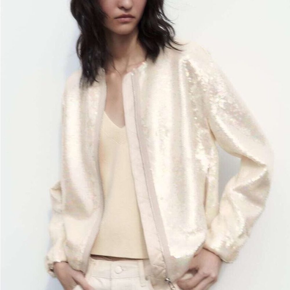 NWT ZARA Cream Bomber Jacket with Open Front and Full Length Sleeves